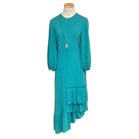 TIBI Dress NWT Asymmetrical Teal Green Asymmetrical Ruffle Balloon Sleeve Size 0 - Picture 1 of 15